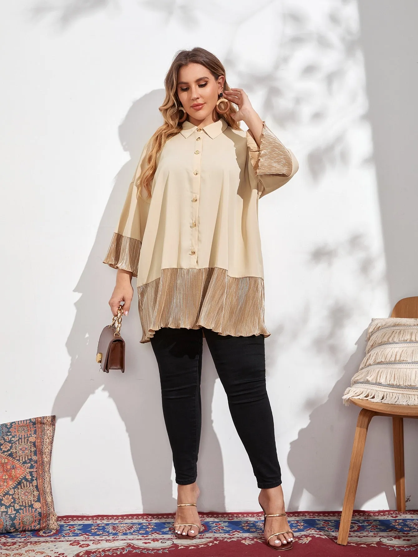 Colorblock Button Front Three Quarter Length Sleeve Collar Long Plus Size Blouse
