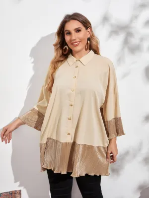 Colorblock Button Front Three Quarter Length Sleeve Collar Long Plus Size Blouse