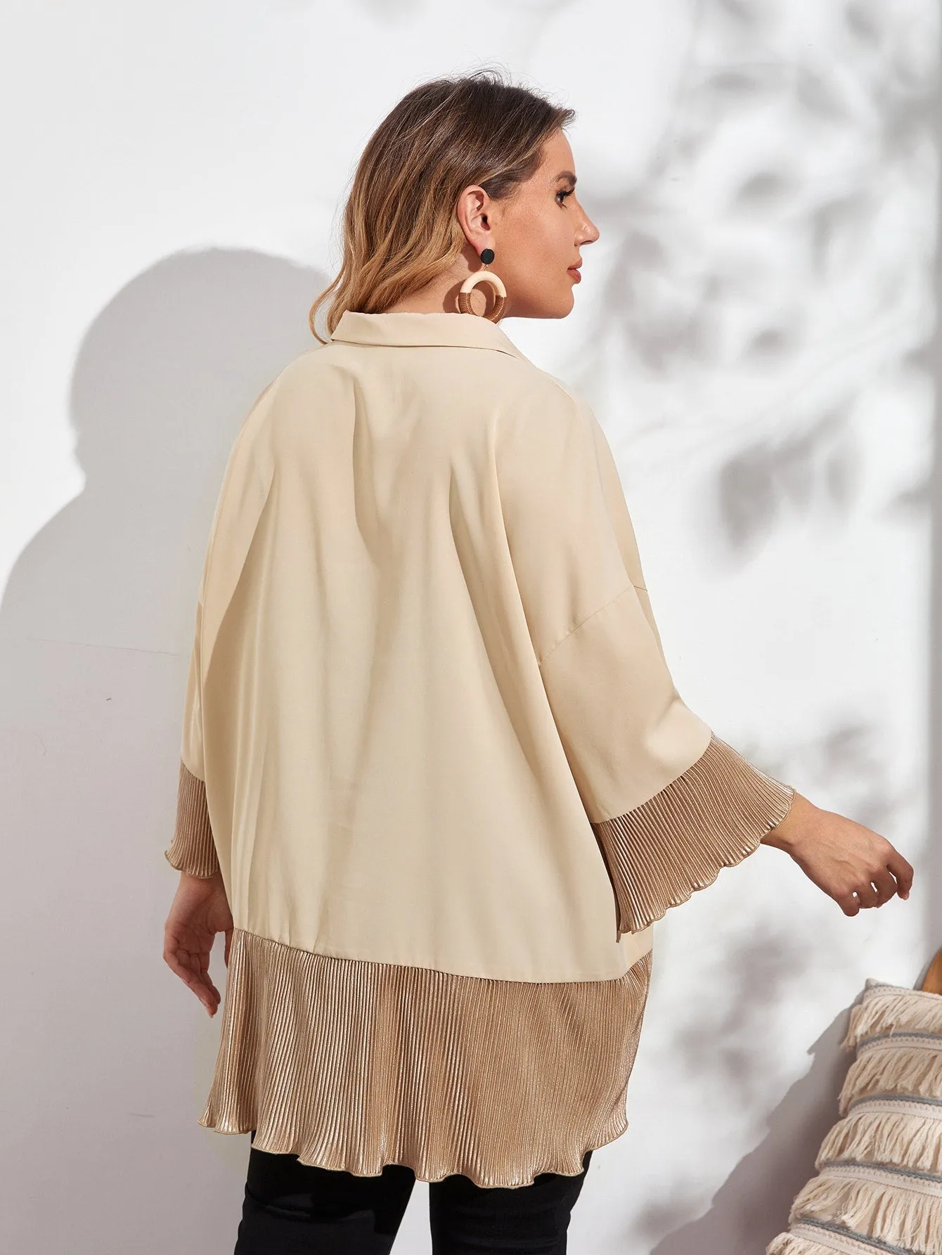 Colorblock Button Front Three Quarter Length Sleeve Collar Long Plus Size Blouse