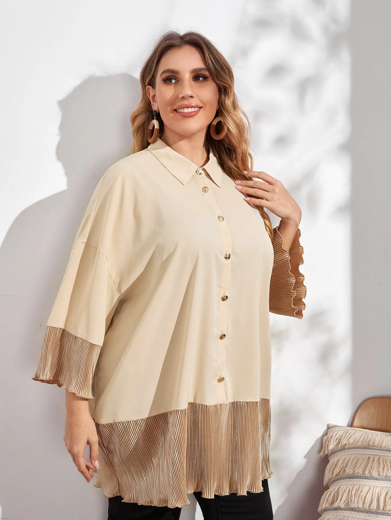 Colorblock Button Front Three Quarter Length Sleeve Collar Long Plus Size Blouse