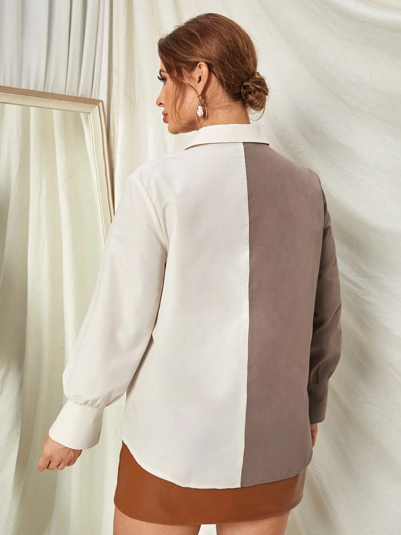 Colorblock Button Long Sleeve Collar Long Plus Size Blouse