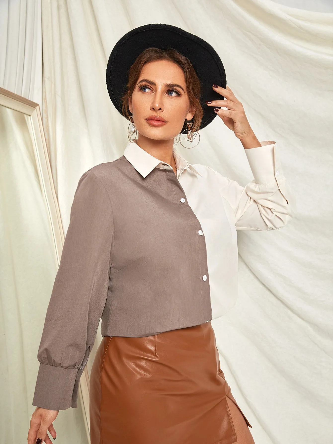 Colorblock Button Long Sleeve Collar Long Plus Size Blouse