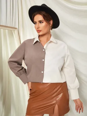 Colorblock Button Long Sleeve Collar Long Plus Size Blouse