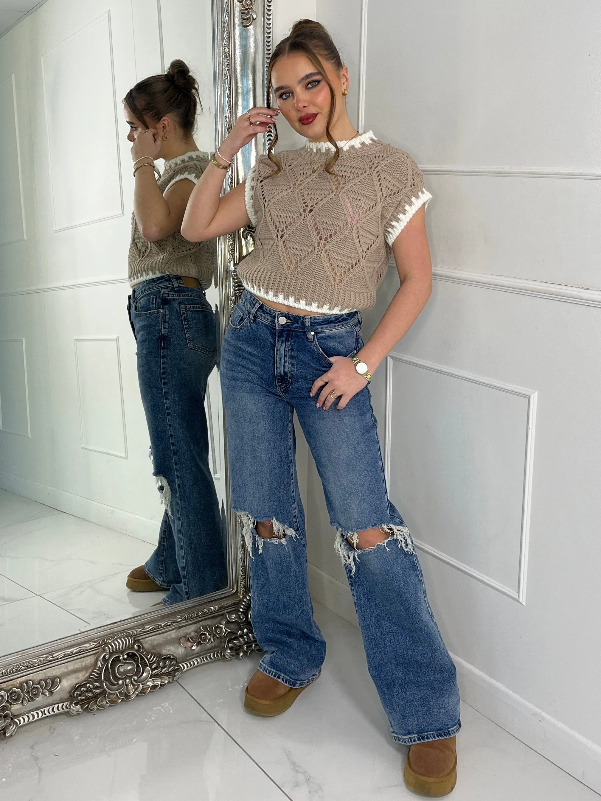 Contrast Stitch Knitted Jumper - Beige/White