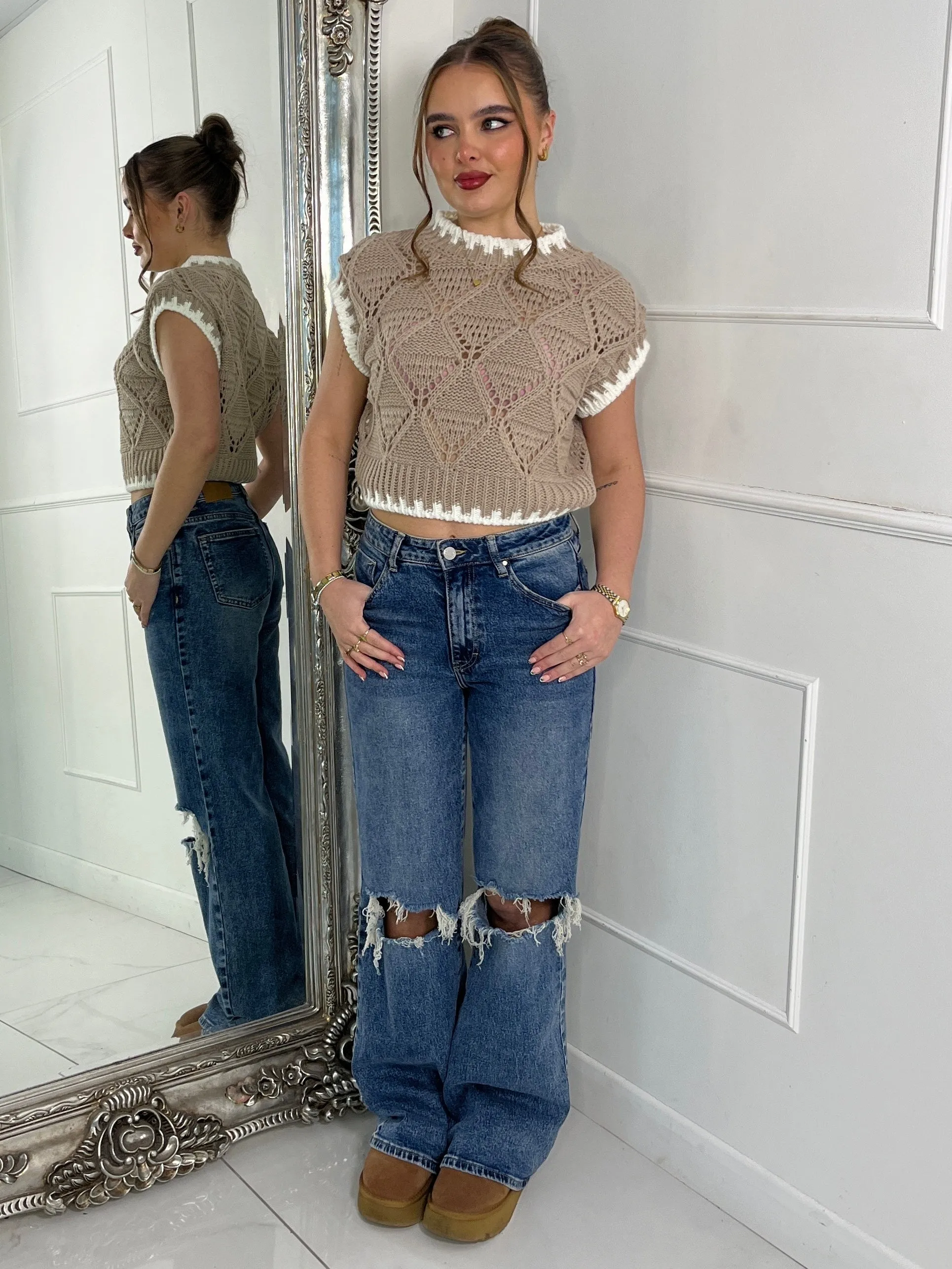 Contrast Stitch Knitted Jumper - Beige/White