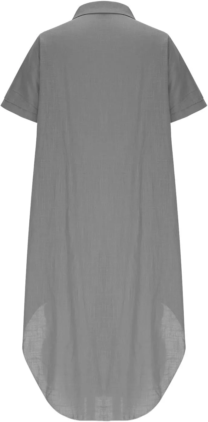 Cotton Linen Women's Short Sleeve Swing Midi Dress Flowy Crewneck Plus Size Casual Beach Vacation T-Shirt Dress