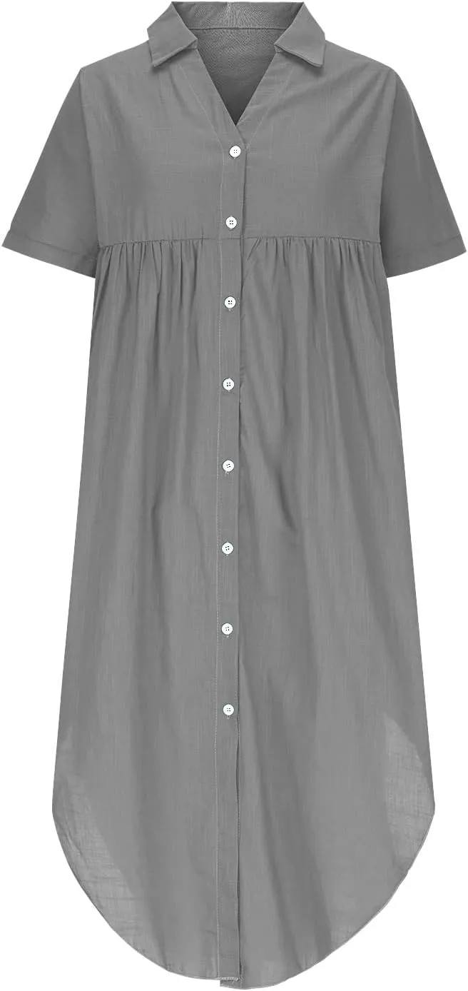 Cotton Linen Women's Short Sleeve Swing Midi Dress Flowy Crewneck Plus Size Casual Beach Vacation T-Shirt Dress