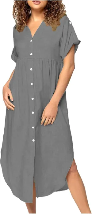 Cotton Linen Women's Short Sleeve Swing Midi Dress Flowy Crewneck Plus Size Casual Beach Vacation T-Shirt Dress