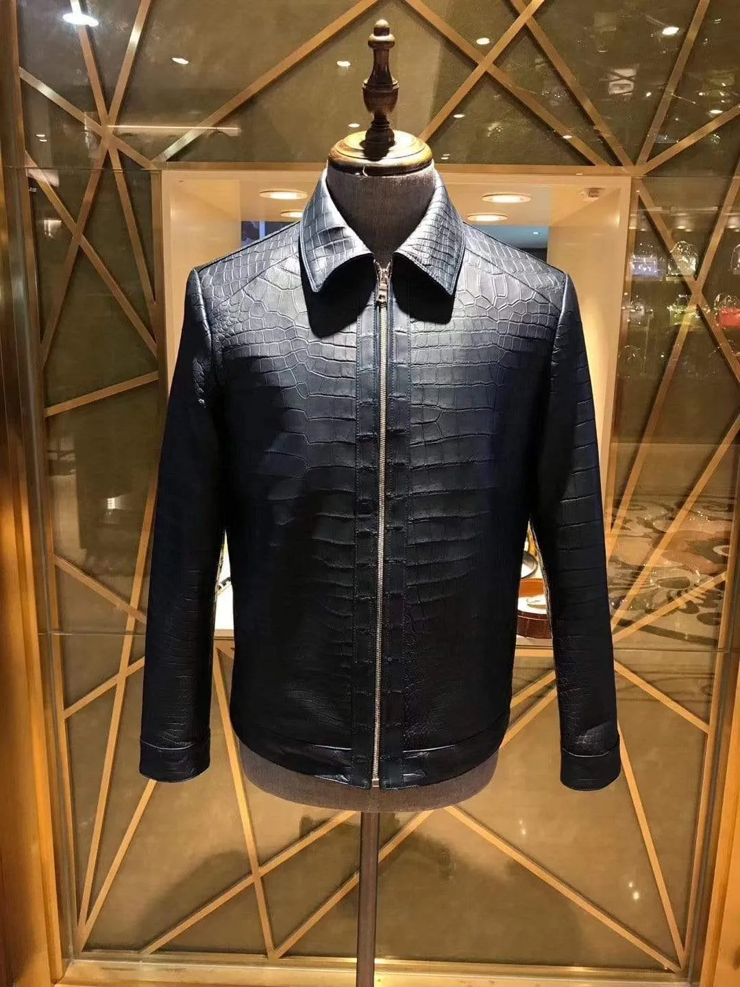 Crocodile Leather Jacket Men Black Jacket
