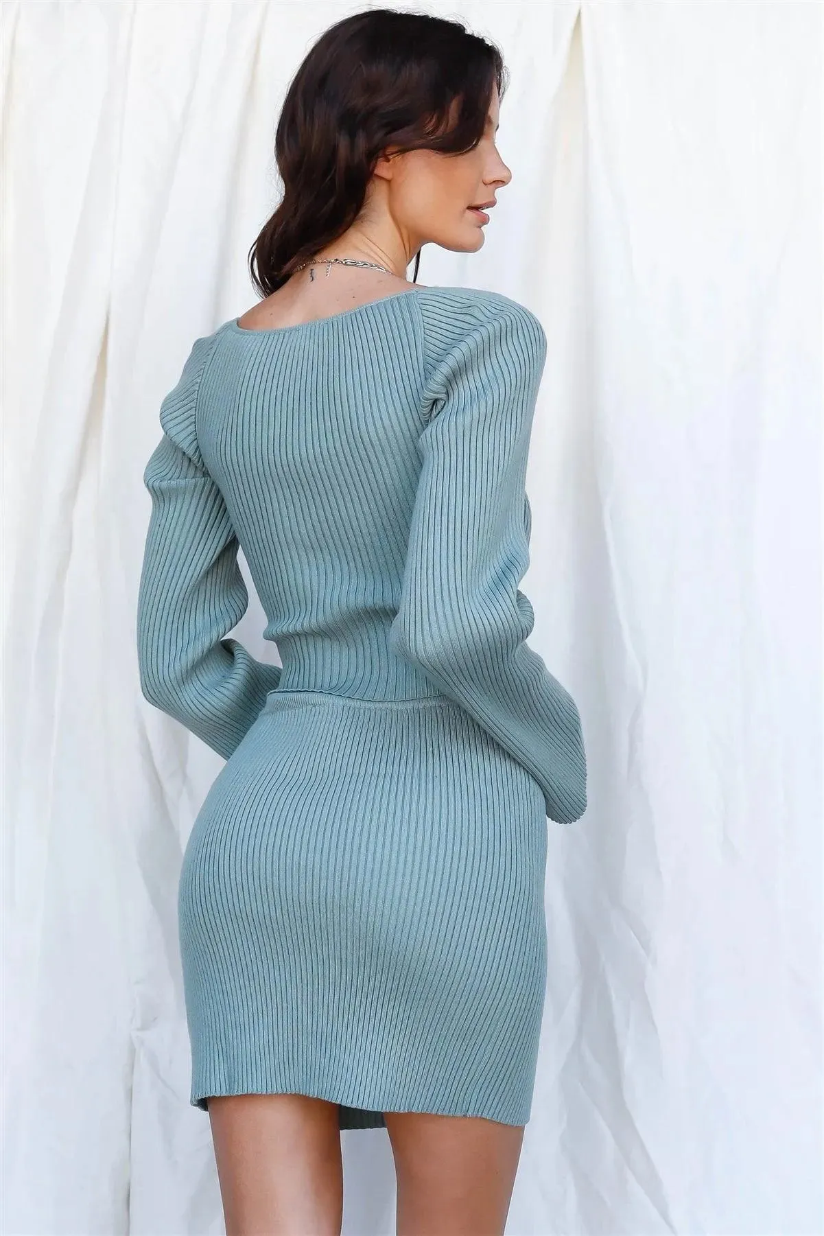 Dusty Green Knit Ribbed Viscose Blend Mini Skirt /3-2-1