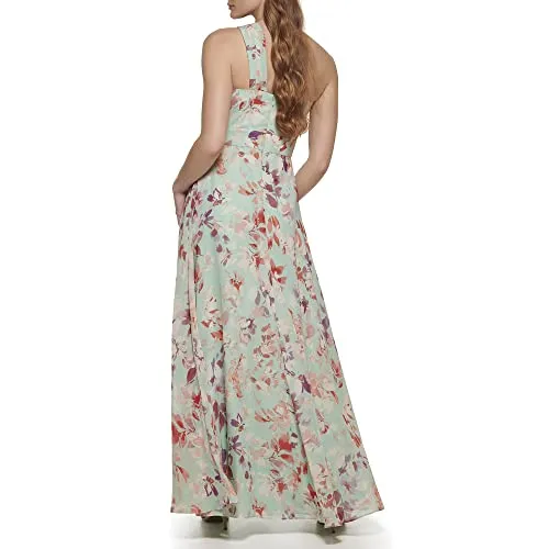 Eliza J Women's Gown Style Printed Chiffon Sleeveless Asymetrical One Shoulder Dress, Mint