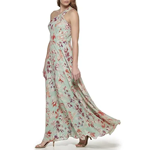 Eliza J Women's Gown Style Printed Chiffon Sleeveless Asymetrical One Shoulder Dress, Mint