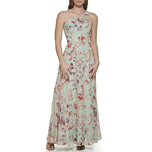 Eliza J Women's Gown Style Printed Chiffon Sleeveless Asymetrical One Shoulder Dress, Mint