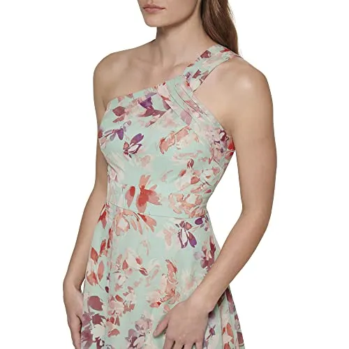 Eliza J Women's Gown Style Printed Chiffon Sleeveless Asymetrical One Shoulder Dress, Mint