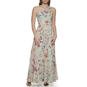Eliza J Women's Gown Style Printed Chiffon Sleeveless Asymetrical One Shoulder Dress, Mint
