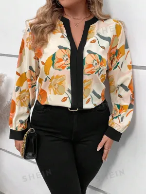 EMERY ROSE Plus Floral Print Notched Neckline Blouse