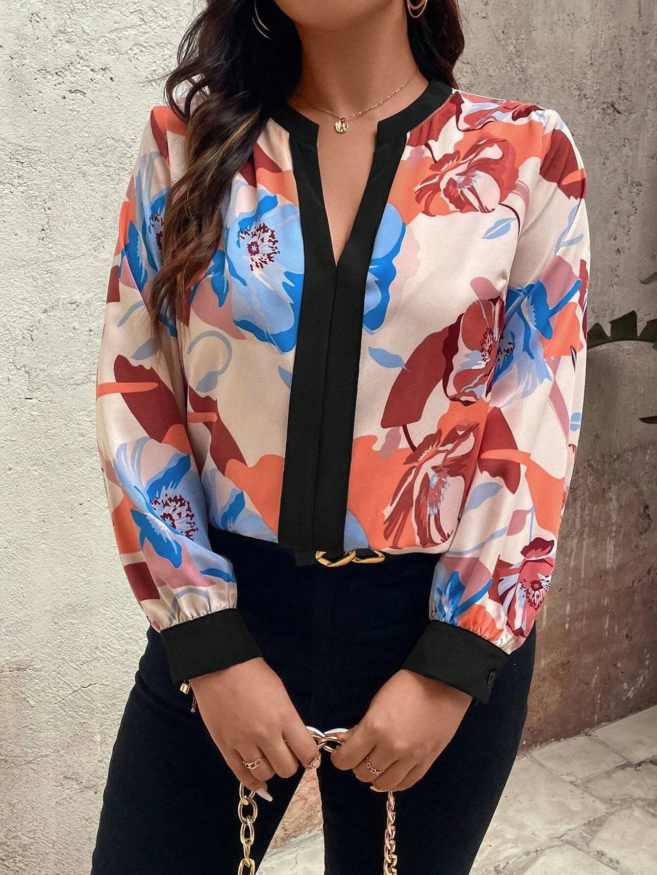 EMERY ROSE Plus Floral Print Notched Neckline Blouse