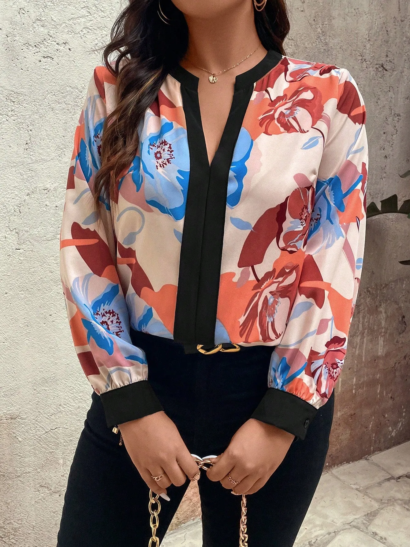EMERY ROSE Plus Floral Print Notched Neckline Blouse