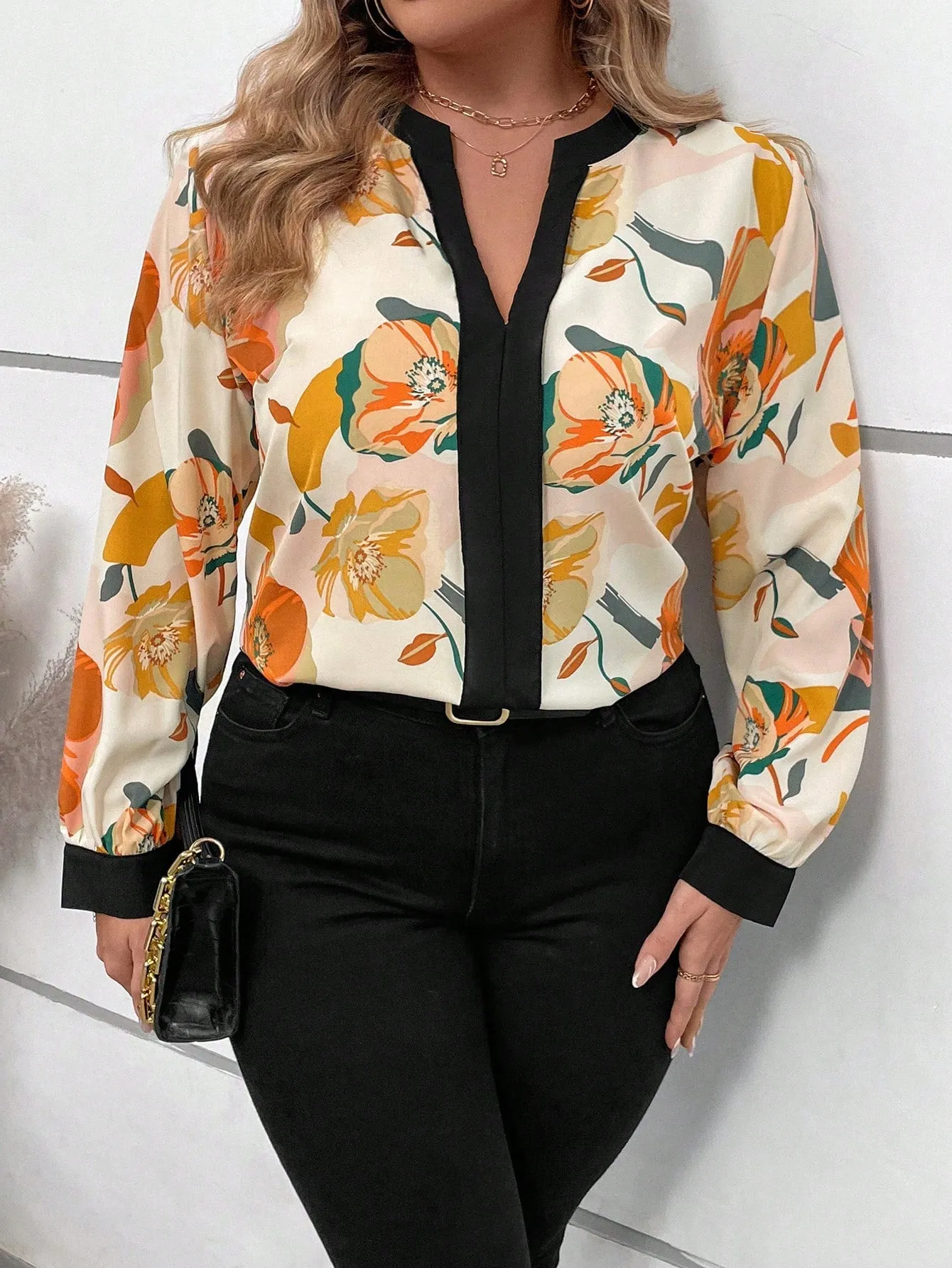 EMERY ROSE Plus Floral Print Notched Neckline Blouse