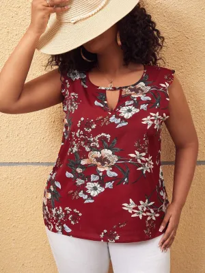 Floral Scallop Sleeveless Keyhole Neckline Regular Plus Size Blouse