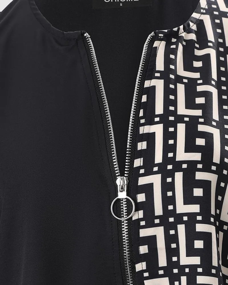 Geometric Print Zip Front Cold Shoulder Top