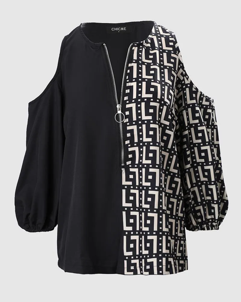 Geometric Print Zip Front Cold Shoulder Top