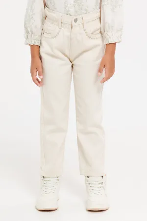 Girls Beige Moms Fit Jeans Girls Beige Moms Fit Jeans