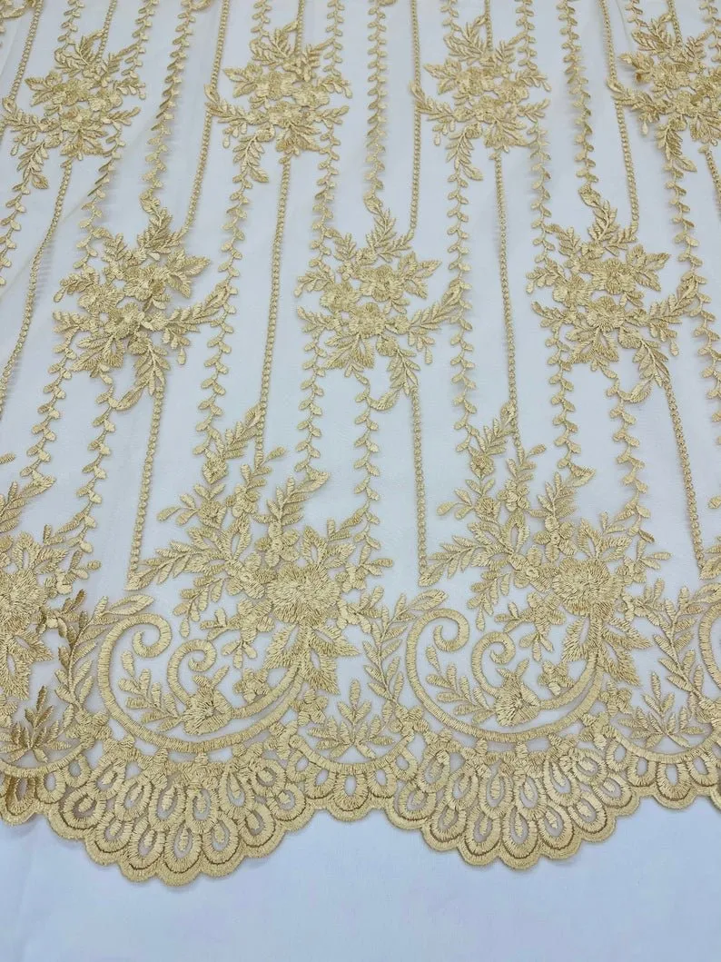 Gold Lace Fabric _ Embroidered Floral Flowers Lace on Mesh Fabric