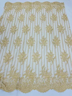 Gold Lace Fabric _ Embroidered Floral Flowers Lace on Mesh Fabric