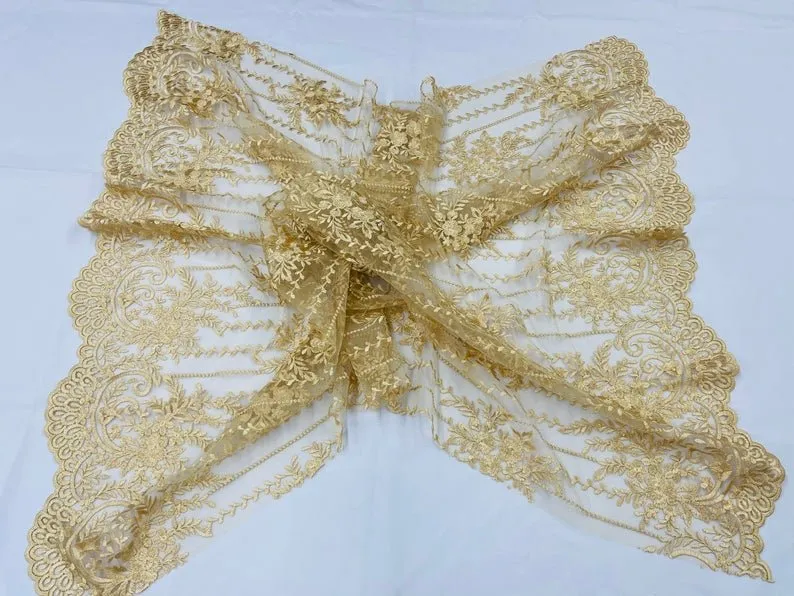 Gold Lace Fabric _ Embroidered Floral Flowers Lace on Mesh Fabric