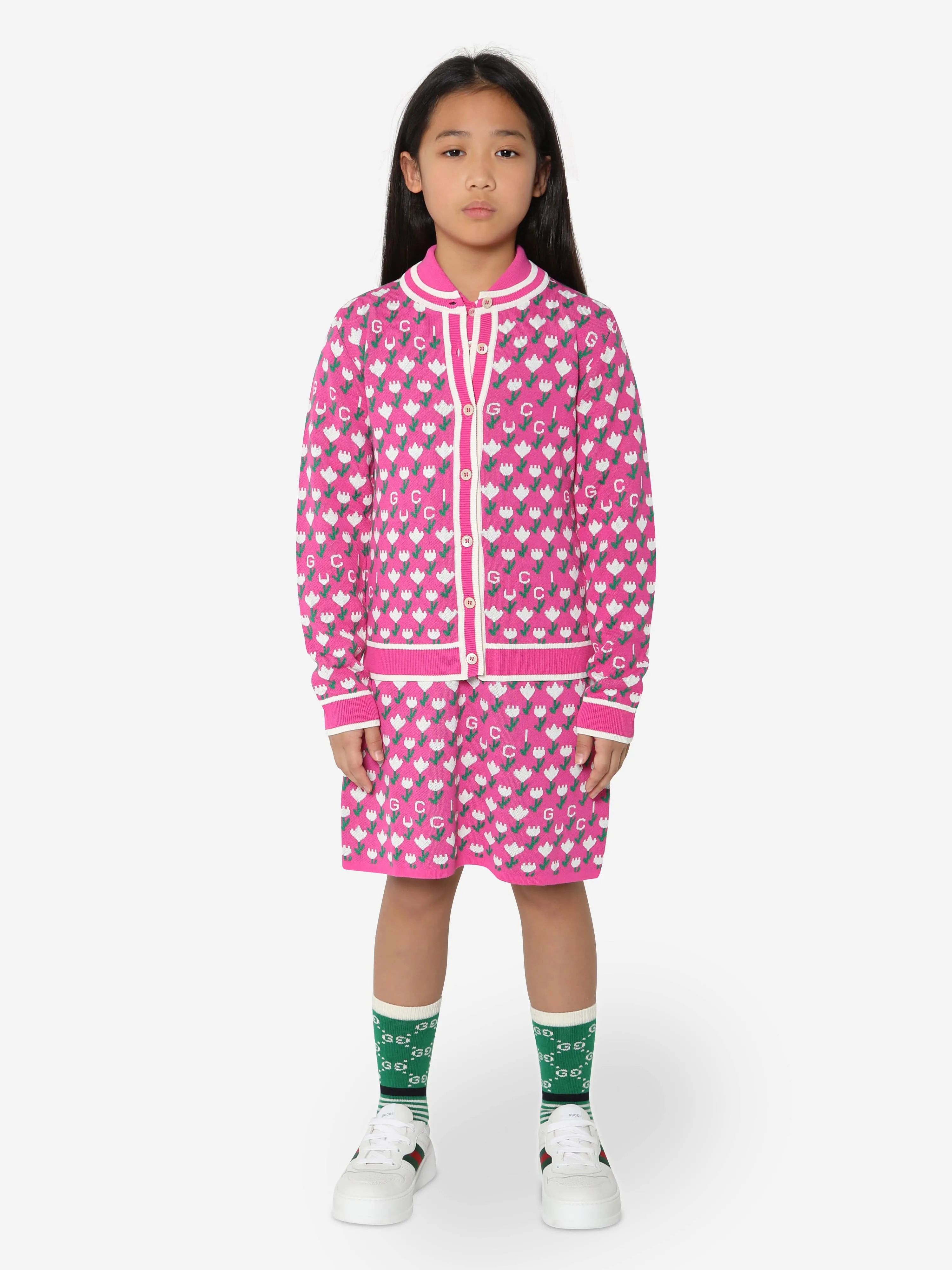 Gucci Girls Jacquard Logo Knitted Cardigan in Pink