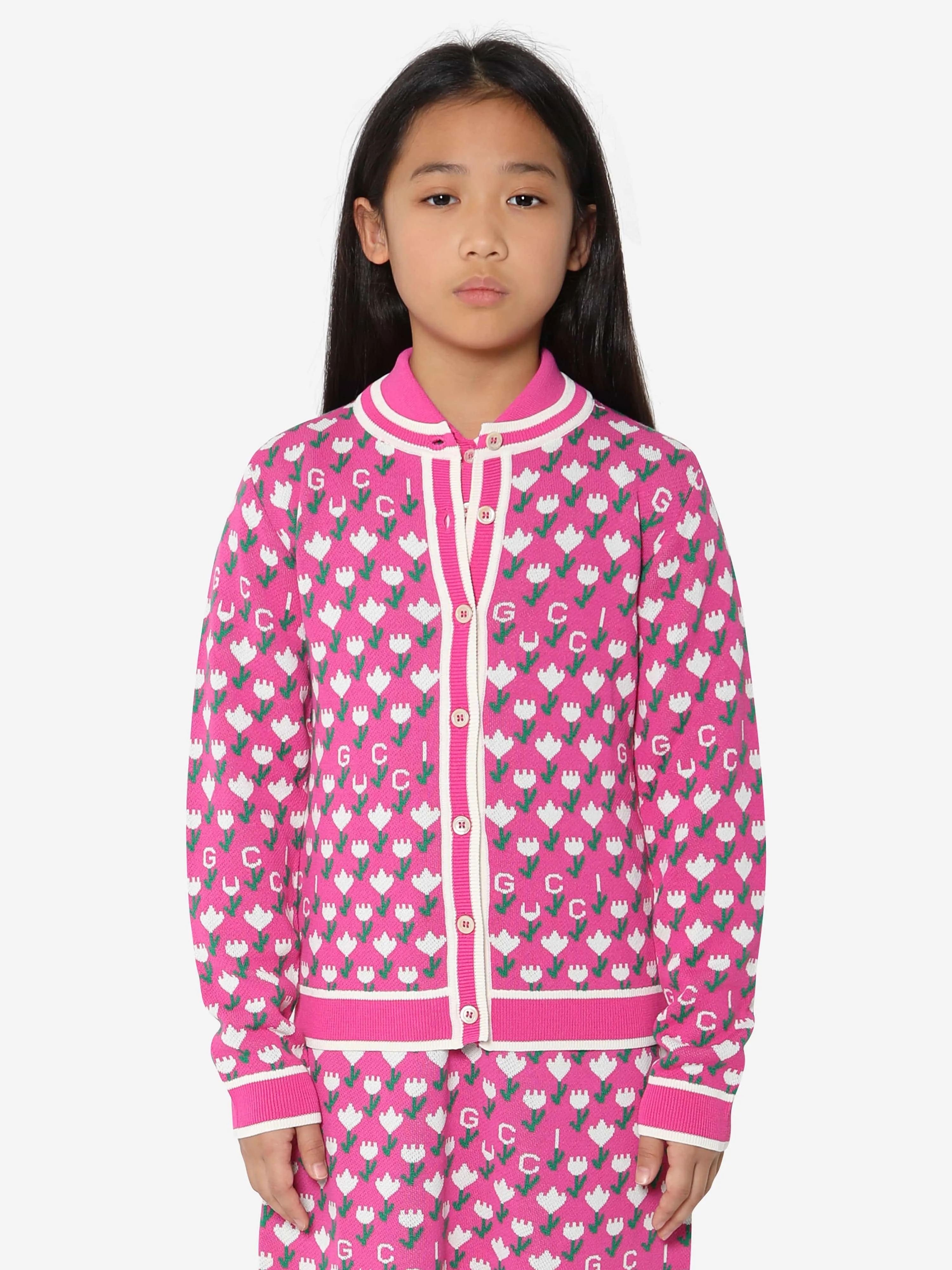 Gucci Girls Jacquard Logo Knitted Cardigan in Pink