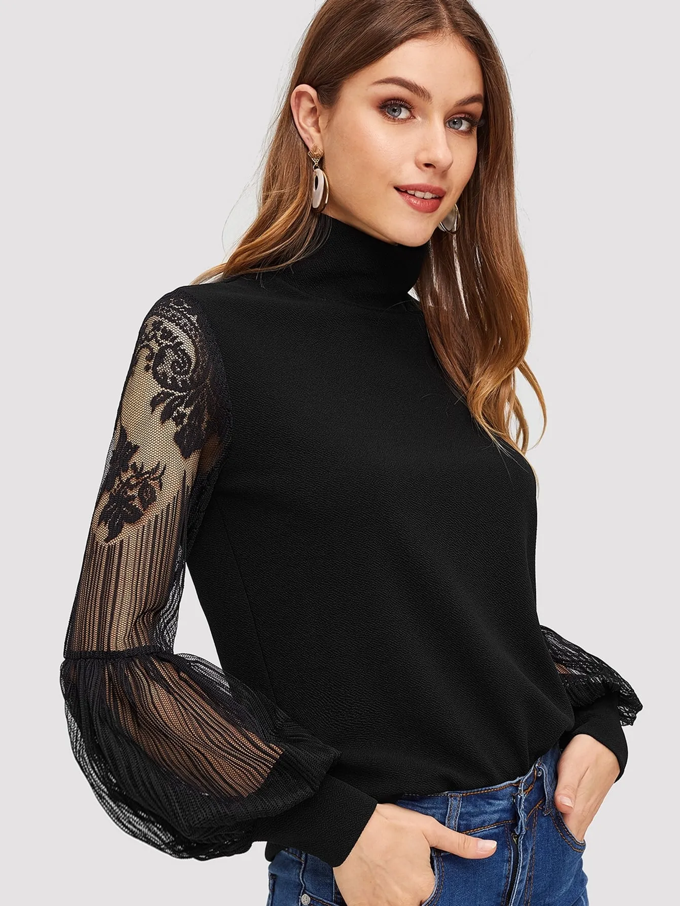 High Neck Lace Lantern Sleeve Top