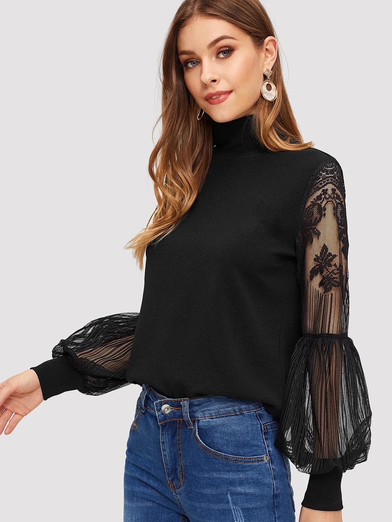 High Neck Lace Lantern Sleeve Top
