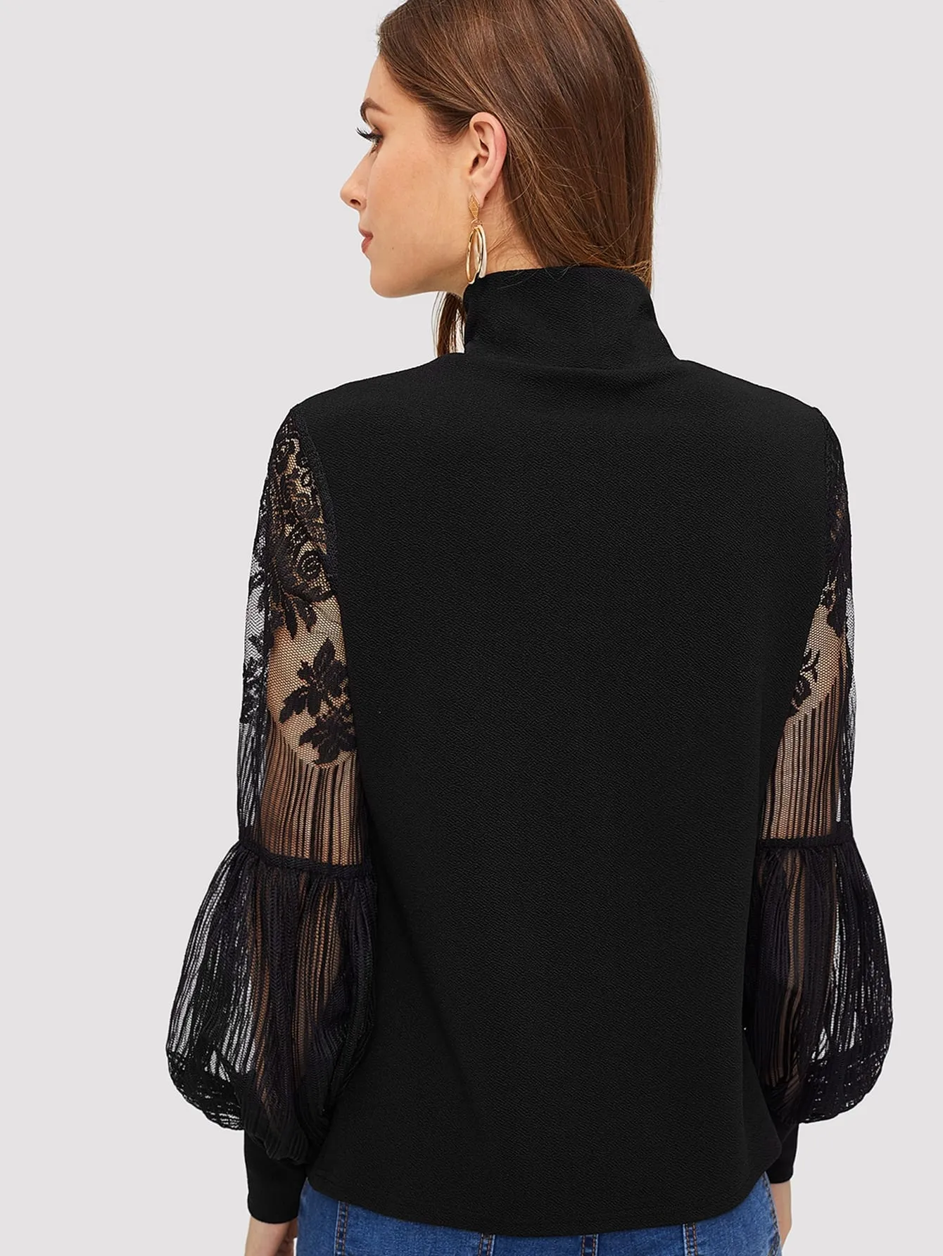 High Neck Lace Lantern Sleeve Top