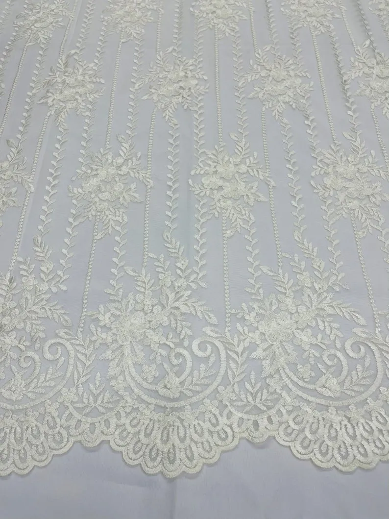 Ivory Lace Fabric _ Embroidered Floral Flowers Lace on Mesh Fabric