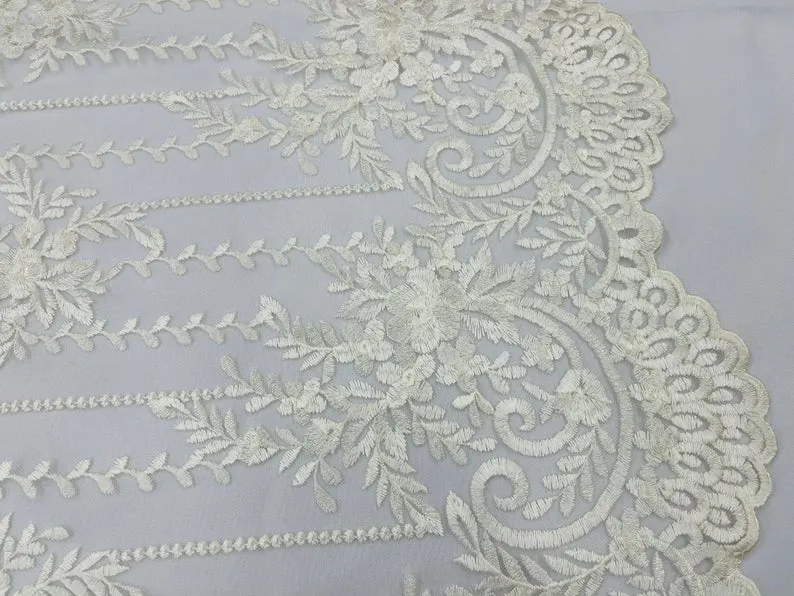 Ivory Lace Fabric _ Embroidered Floral Flowers Lace on Mesh Fabric