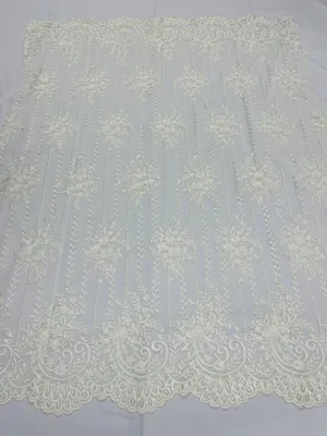 Ivory Lace Fabric _ Embroidered Floral Flowers Lace on Mesh Fabric