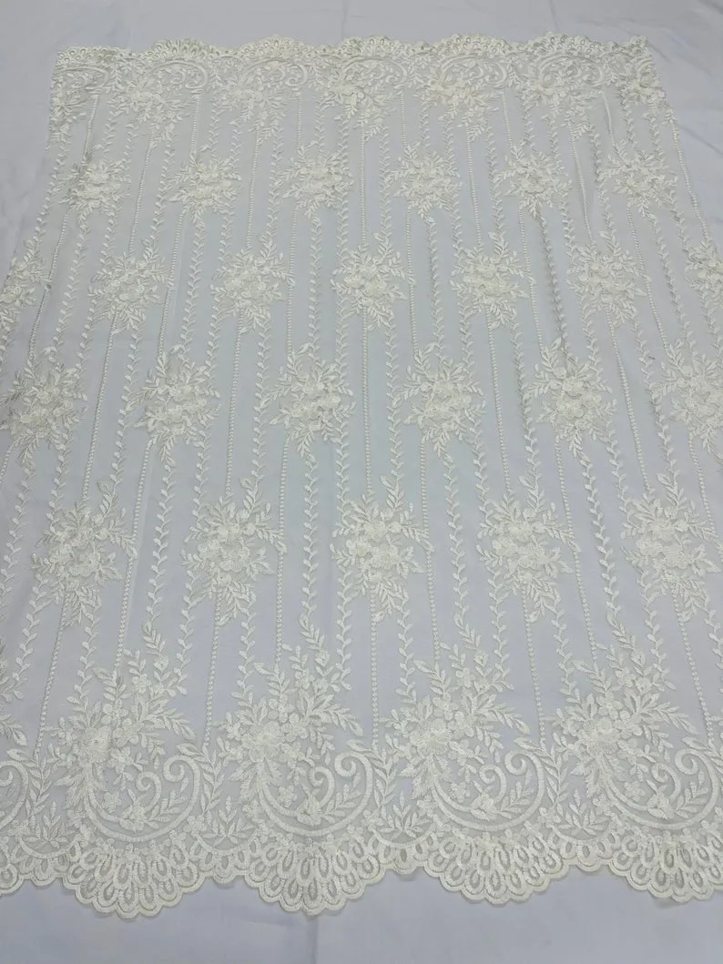 Ivory Lace Fabric _ Embroidered Floral Flowers Lace on Mesh Fabric