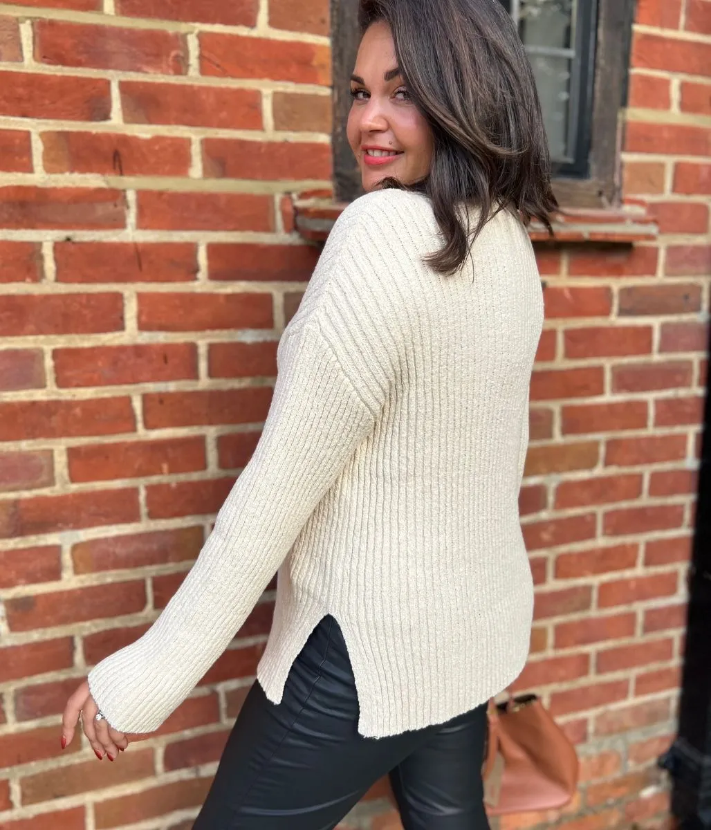 Ivory Ribbed Boat Neck Jumper