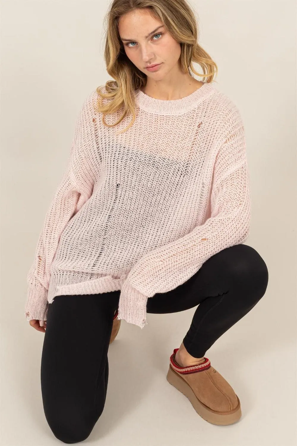 Knit Sweater Top US HYFVE Distressed Long Sleeve Knitwear