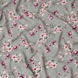 Light Grey Viscose Fabric with Pink and White Floral Digital Print, 110 cm Width-D20638
