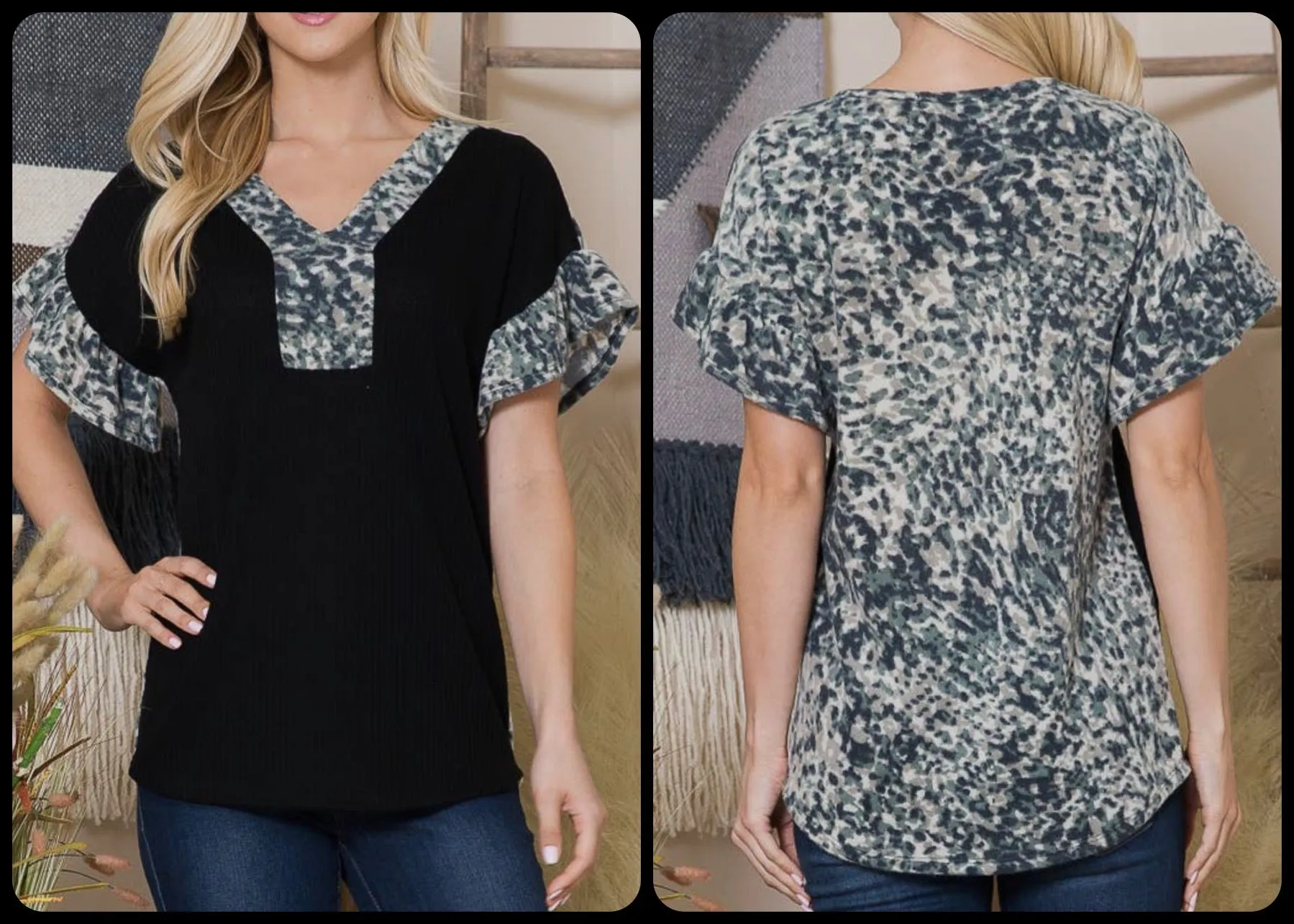 Light Weight Waffle Textured Front With Hacci Brushed Printed Back Blouse