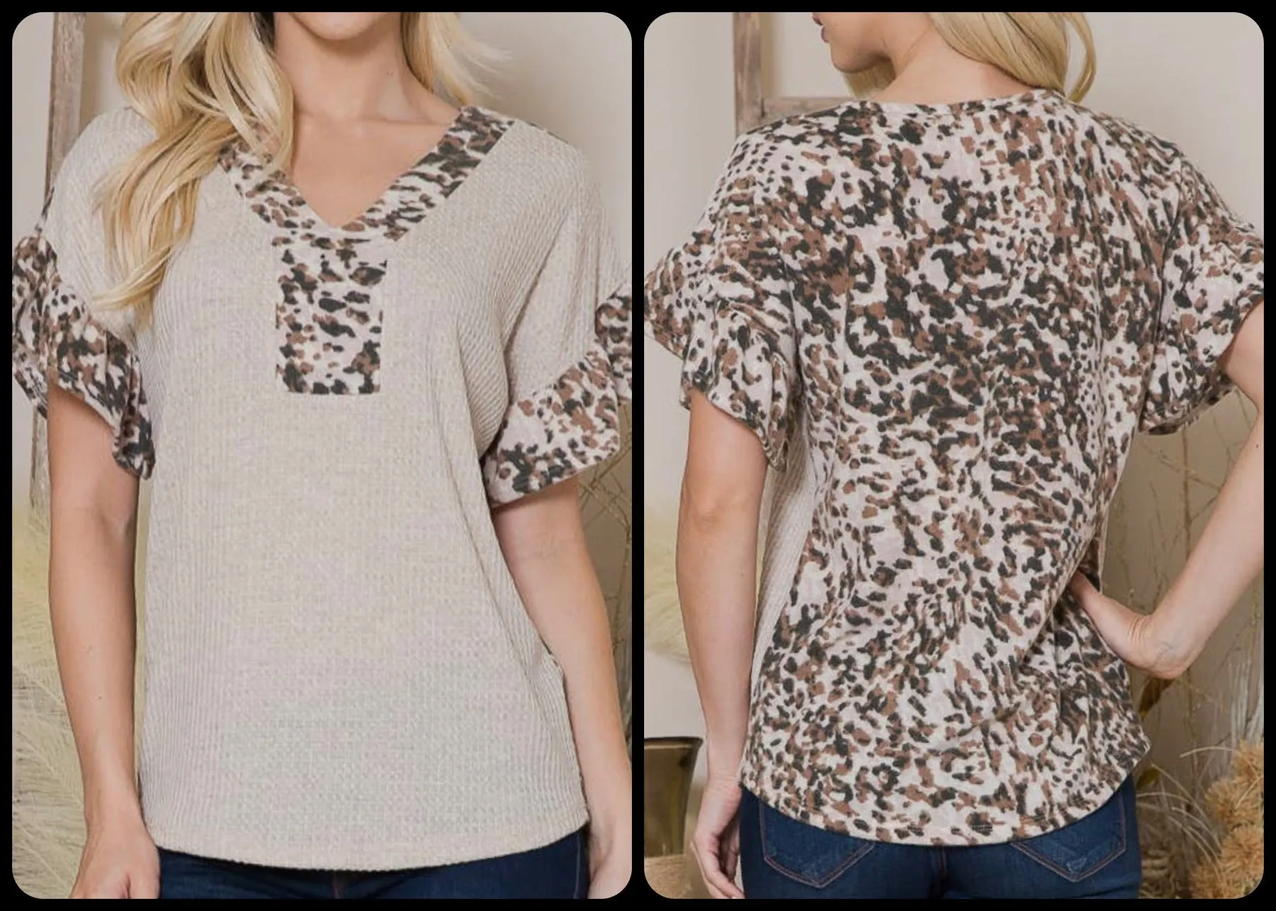 Light Weight Waffle Textured Front With Hacci Brushed Printed Back Blouse