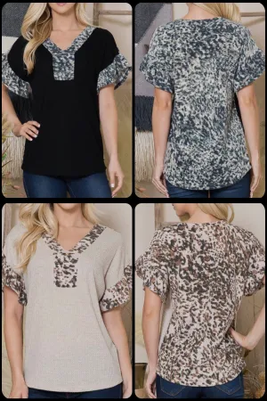 Light Weight Waffle Textured Front With Hacci Brushed Printed Back Blouse