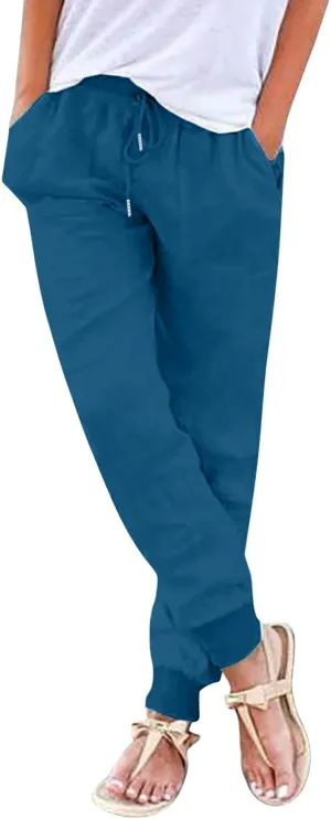 Linen Straight Leg Pants for Women 2025 Summer Work Trousers with Pockets Drawstring High Waisted Pants Casual Linen Pants