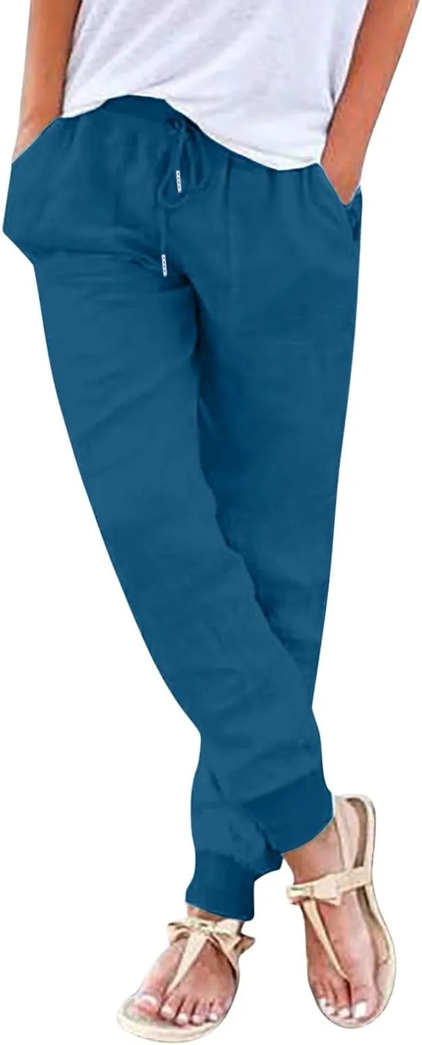 Linen Straight Leg Pants for Women 2025 Summer Work Trousers with Pockets Drawstring High Waisted Pants Casual Linen Pants