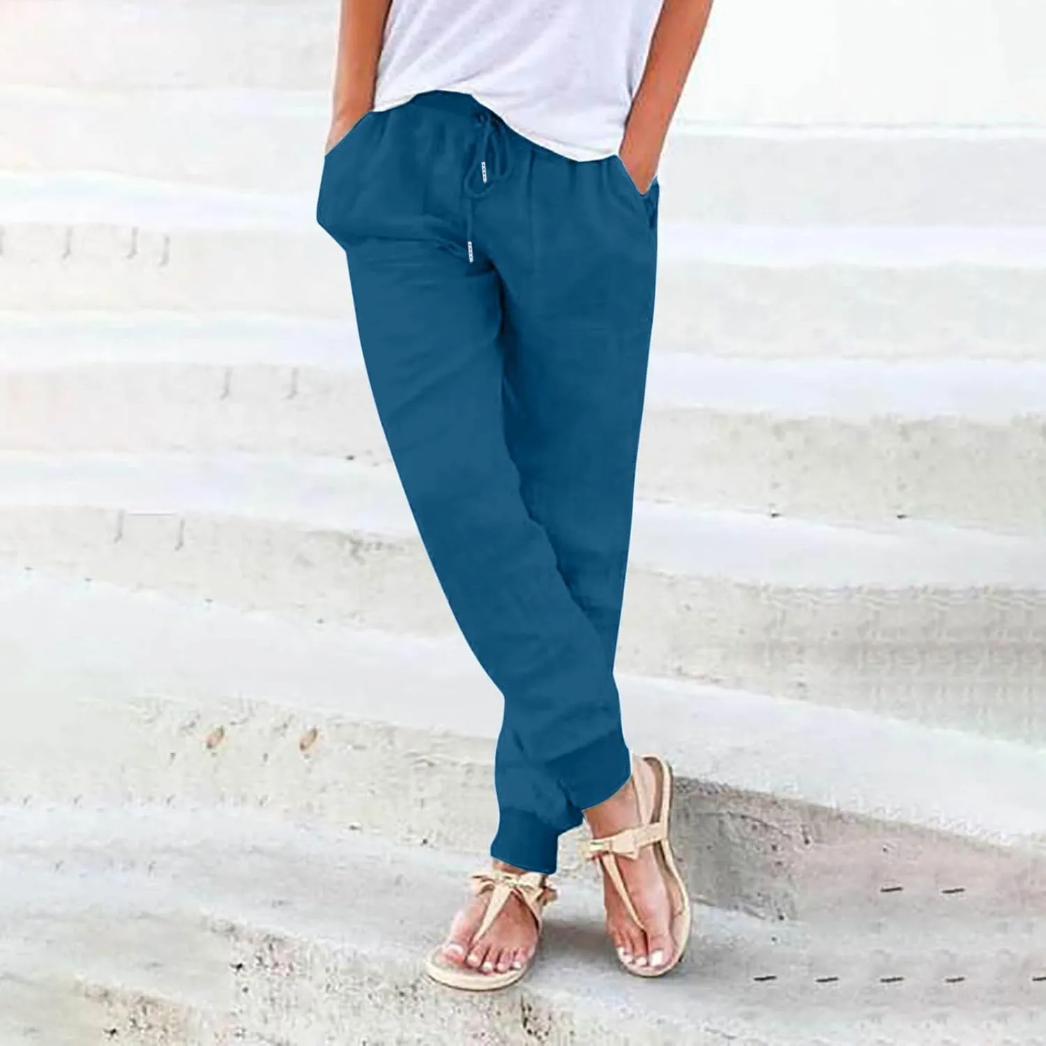 Linen Straight Leg Pants for Women 2025 Summer Work Trousers with Pockets Drawstring High Waisted Pants Casual Linen Pants