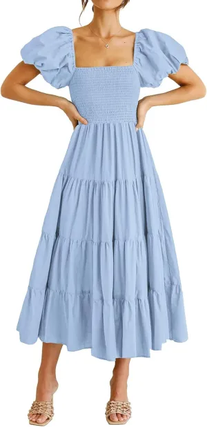 Long Dresses for Women Puff Short Sleeve Square Neck Smocked Dress Tiered Ruffle Flowy A Line Dresses