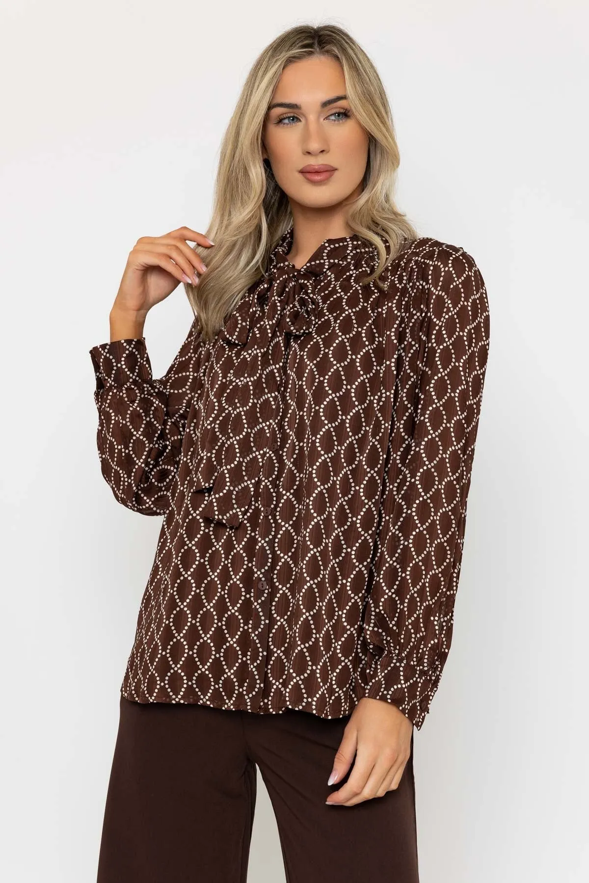 Long Sleeve Printed Pussy Bow Blouse in Brown